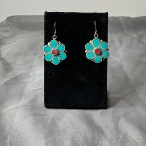 SS 9.25 flower Tibetan Turquoise w/ coral Earrings